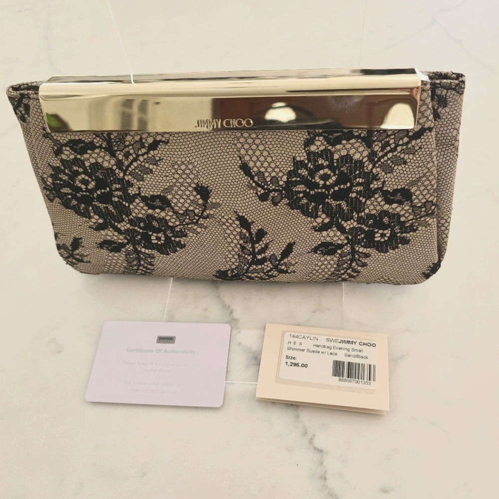 New Jimmy Choo Shimmer Suede Lace Clutch with Chain Strap